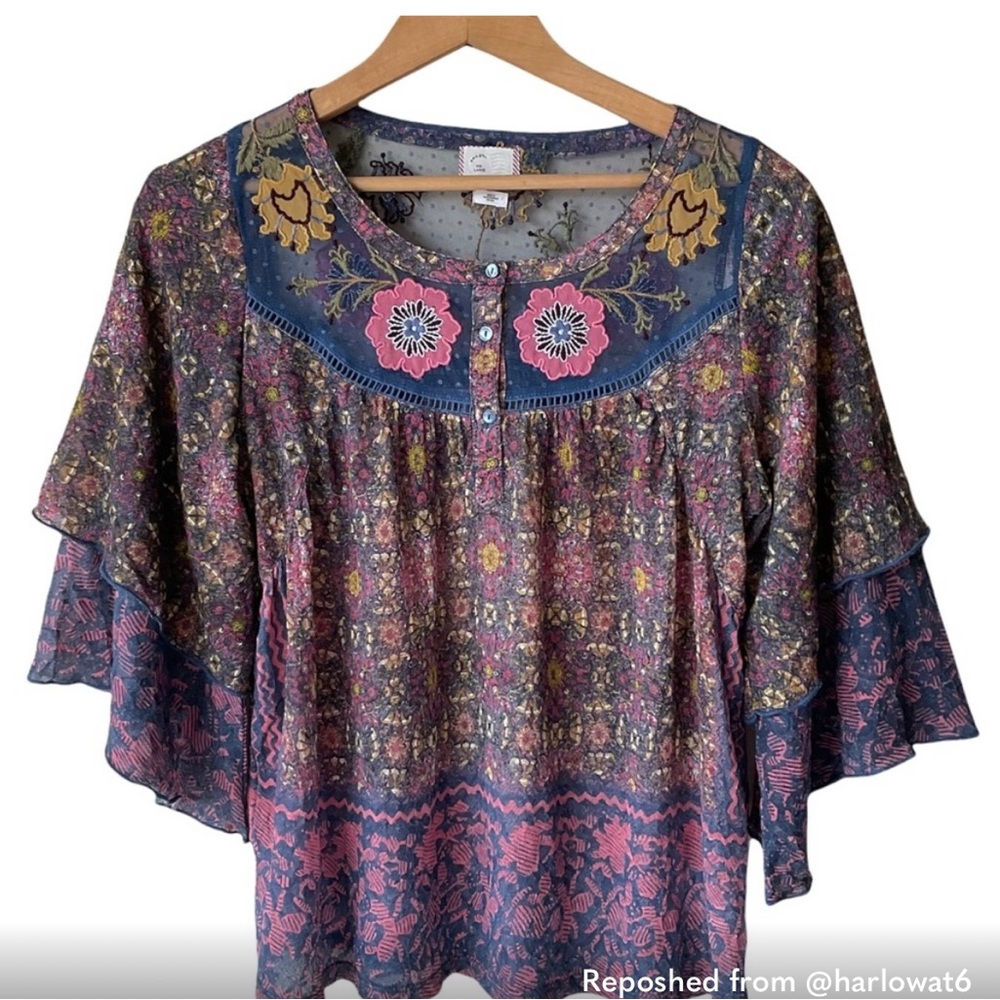 Anthropologie Postmark Cuitadella Embroidered Peasant Top Size L
